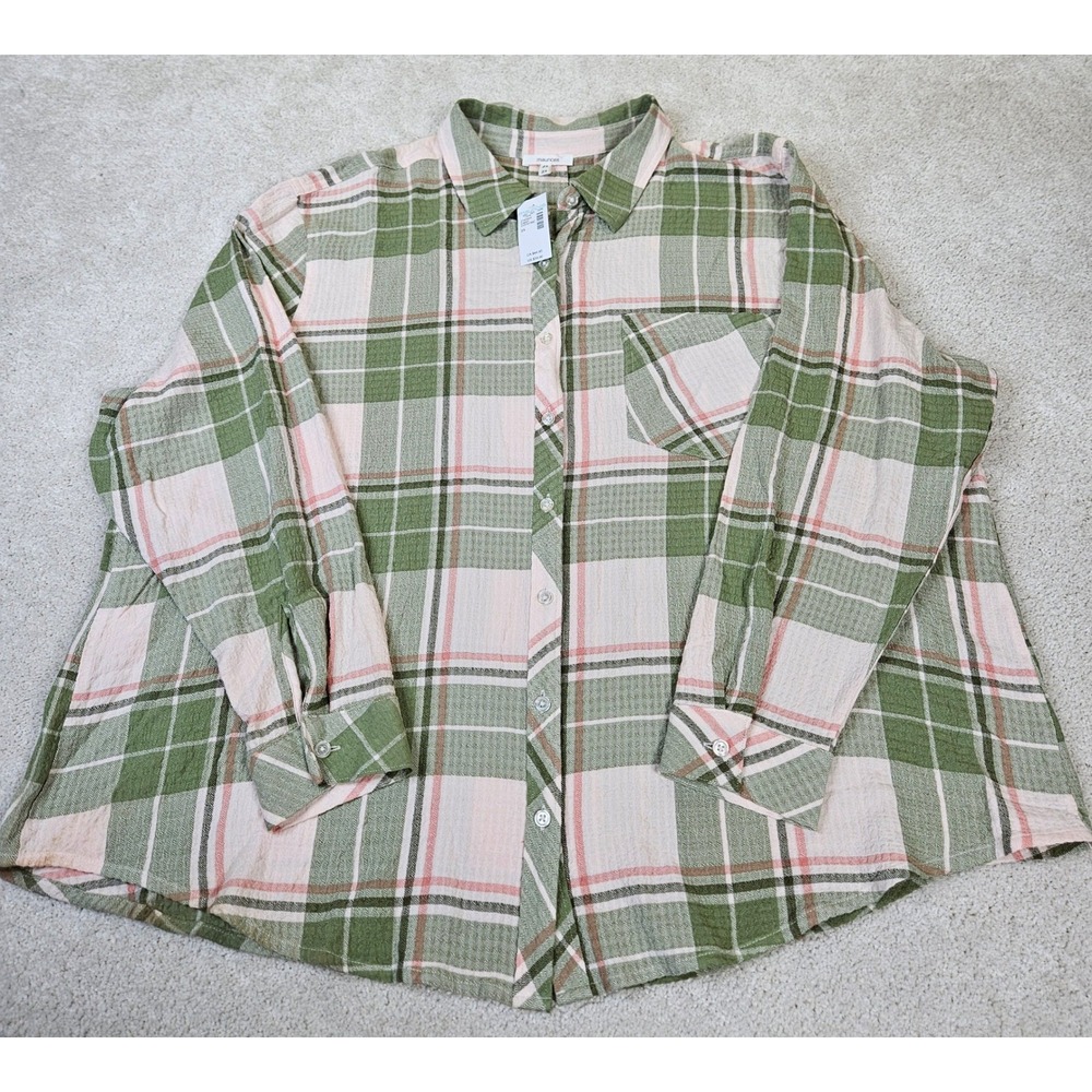 NWT's Maurices Plaid Button Up Shirt Women 2X Green Pink Long Sleeve Normcore